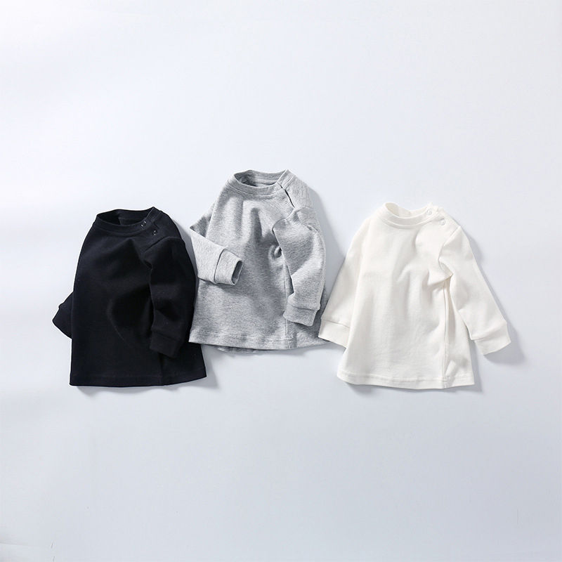 الصورة المصغرة: Baby Boys Girls T-shirt Round Neck Cotton Tees Long Sleeves Solid Color Tops 0-2
