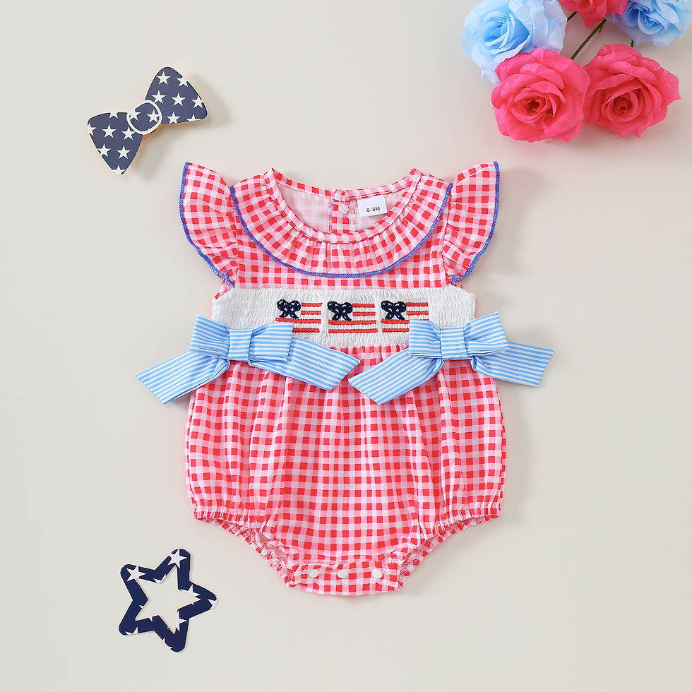 الصورة المصغرة: 0-24 Months Baby Girls Romper Fly Sleeve Crew Neck Plaid Bow Embroidery Flag Inf