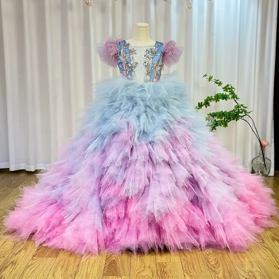الصورة المصغرة: Luxury Flower Girl Dress Applique Feathers Beading Princess Prom Ball Gown for K