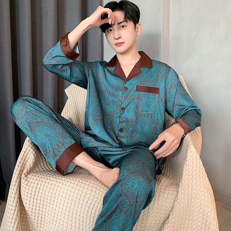 الصورة المصغرة: 3XL Printed Stain Silk Satin Pajamas Men Long Sleeve & Short Sleeve Shorts Silk 