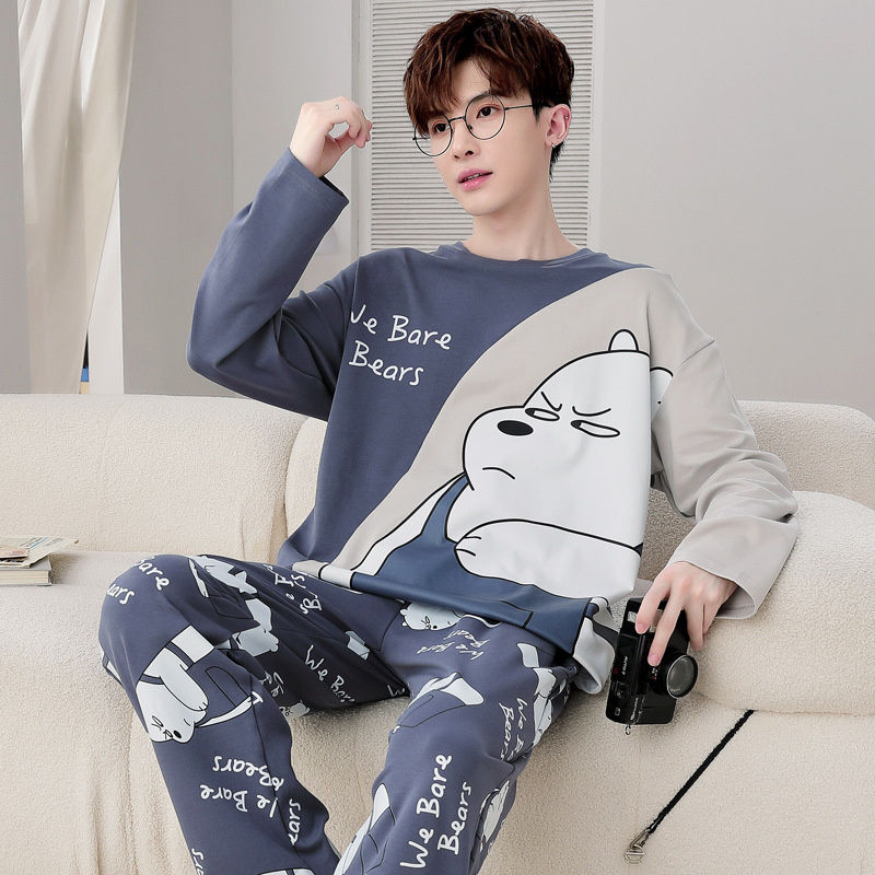 Men's Pajamas Spring Autumn 100% Cotton Youth Pajamas Student Suits Fashionable