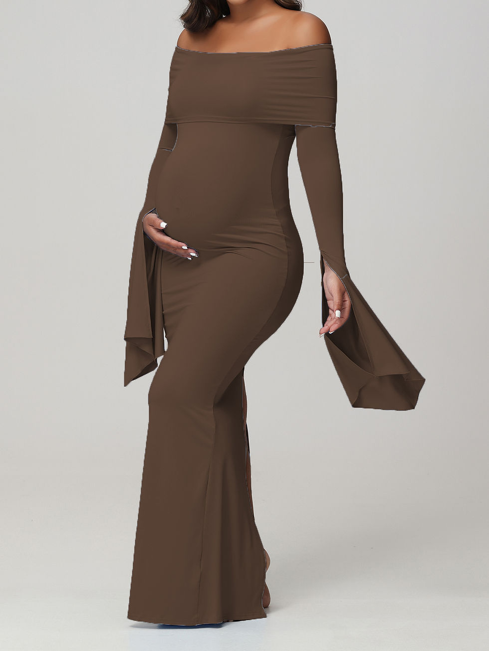 Thumbnail: Maternity Off Shoulder Long Sleeve Bodycon Elegant Dress Pregnancy Photography B