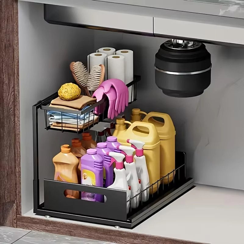 Thumbnail: 2 Tier Slide Out Under Sink Organizer Pull Out Cabinet Storage Shelf Space Savin