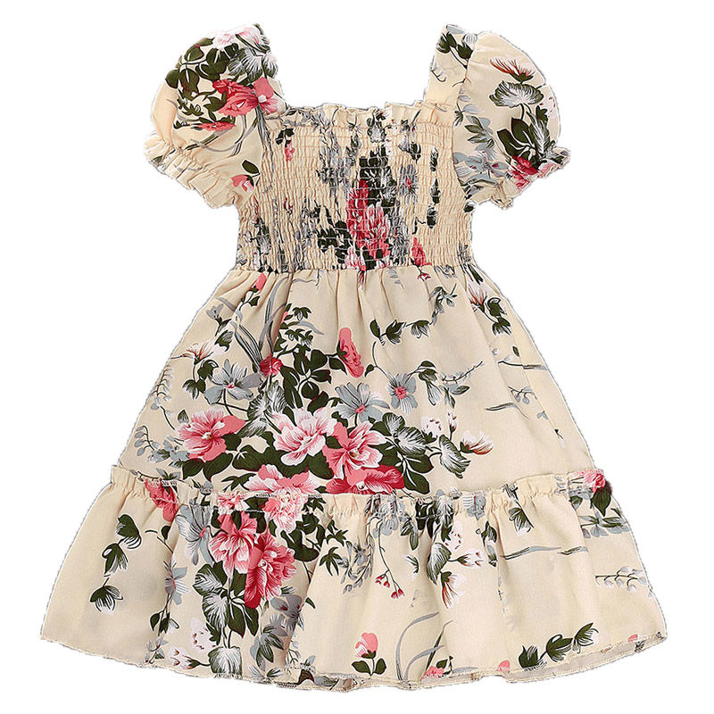 الصورة المصغرة: Dress Kids Girls 4-7 Years Beige Flower Print Bubble Short-Sleeved Dress For Lit