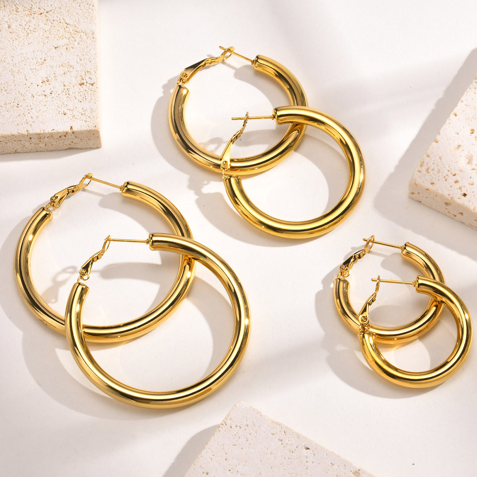 30/40/50mm Circle Hoop Earrings for Women, Classic Stainless Steel 18k Gold Plat