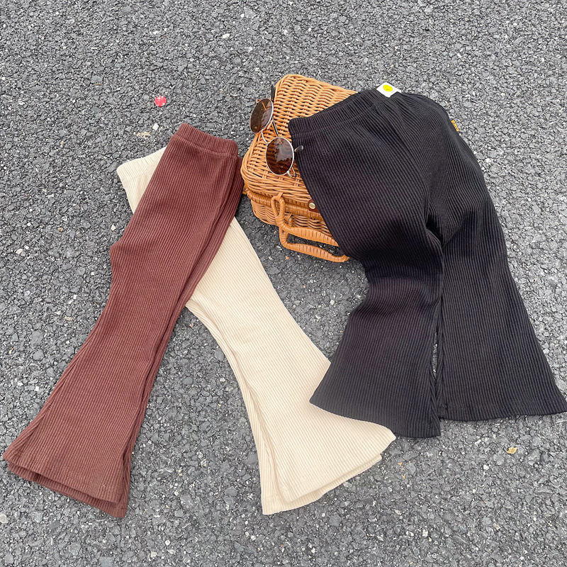 الصورة المصغرة: Girls Ribbed Flare Cotton Pants 2025 Autumn Winter Solid Color Korean Style Casu