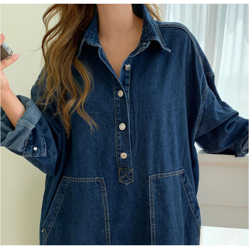 Long Dress Women Denim Dresses Turn Down Collar A Line Vestidos Maxi Mom Jeans S
