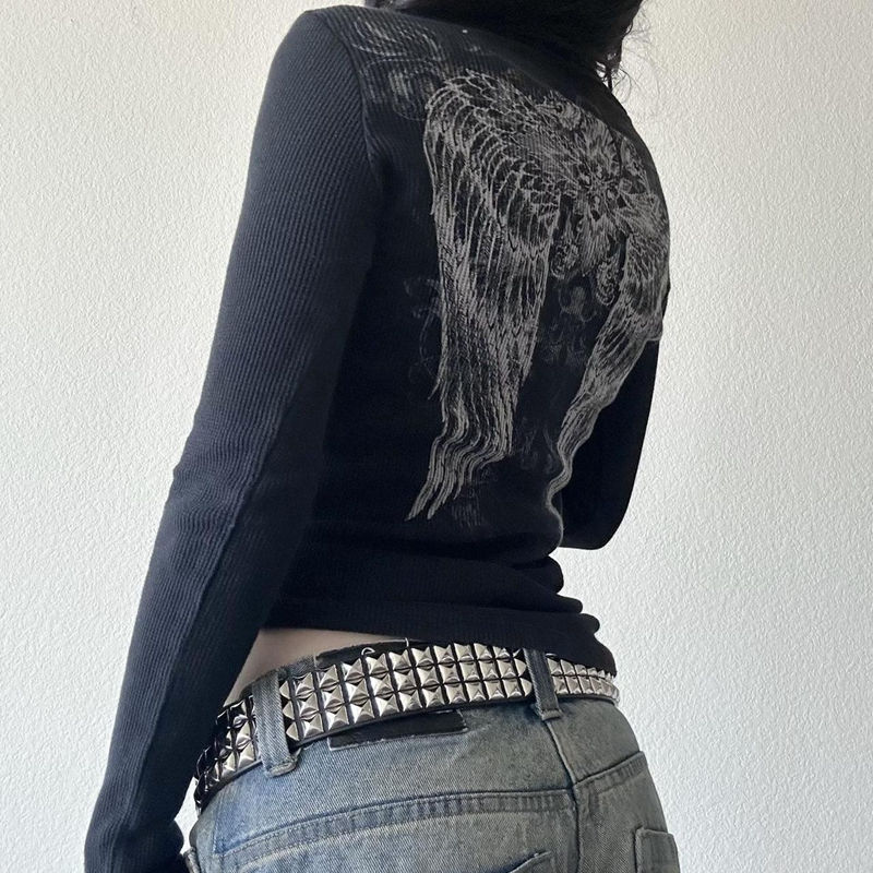 Thumbnail: Wings Graphic Print Black T-shirt Women Autumn Clothes Y2K Cyber Grunge Pullover