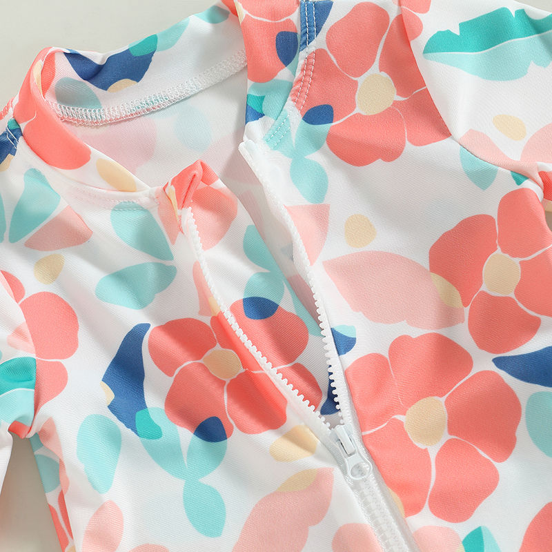 الصورة المصغرة: Toddler Girls Summer Swimsuit Long Sleeve Floral Print Swimwear Kids Bathing wit
