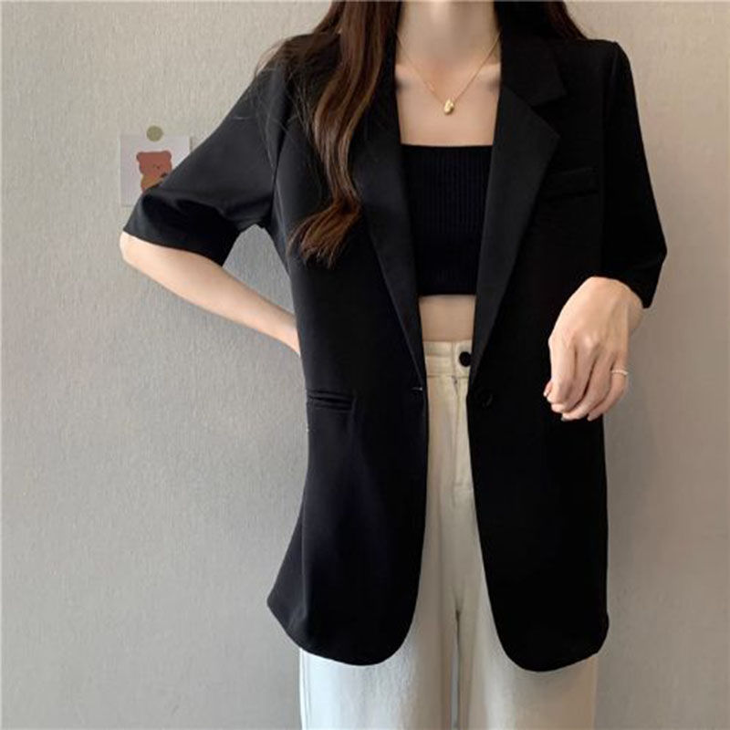 Thumbnail: White Short-sleeved Blazer Jacket Women Summer Chic Single Button Notched Collar