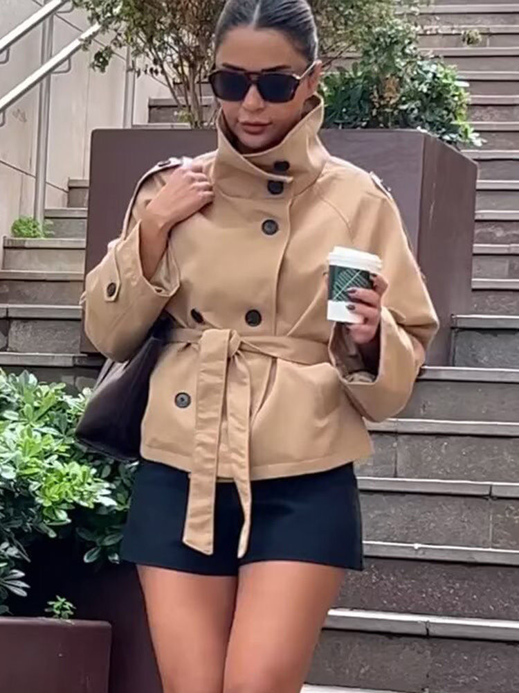 الصورة المصغرة: HH Women New Fashion Solid Pockets Double-breasted Lace-up Trench Coat Long Slee