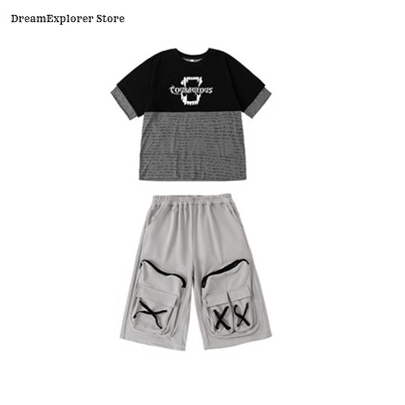 الصورة المصغرة: Boys Hip Hop Faux Two-Piece T-Shirt Street Dance Loose Pants Cargo Shorts Girls 