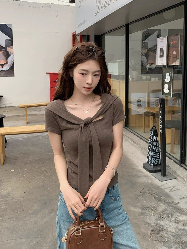 الصورة المصغرة: Purple Korean Style Pure Desire Short Sleeve T Shirt With Tie Up Design Slim Fit