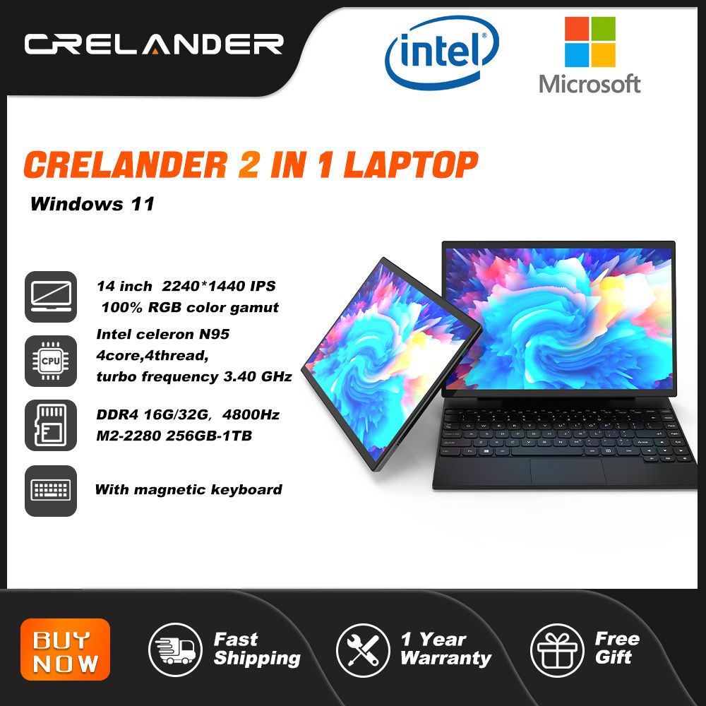 CRELANDER 2 in 1 Laptop Intel N95 14 Inch 2K Touch Screen DDR4 16GB Windows 11 M