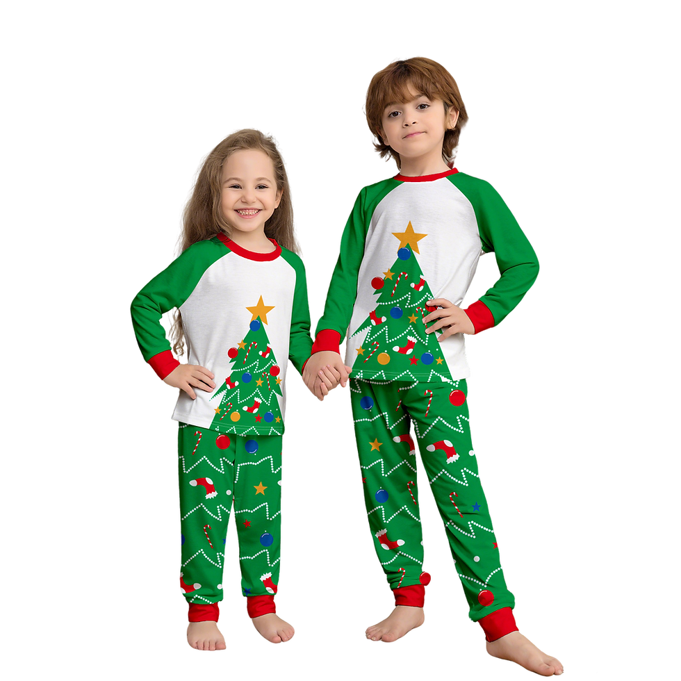 Festive Unisex Children's Sleepwear - White Green Raglan Top with Xmas Tree, Sto
