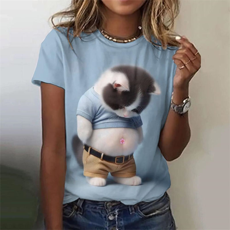 Thumbnail: Summer Cute Animal T-Shirts Funny Fat Cat 3D Print Women Short Sleeves T Shirt Y