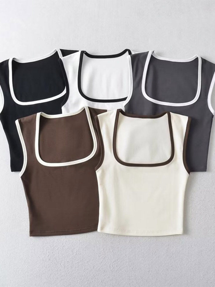 Woman Fashion Slim Solid Contrust Camis Casual Sleeveless Tanks Square Collar Cr