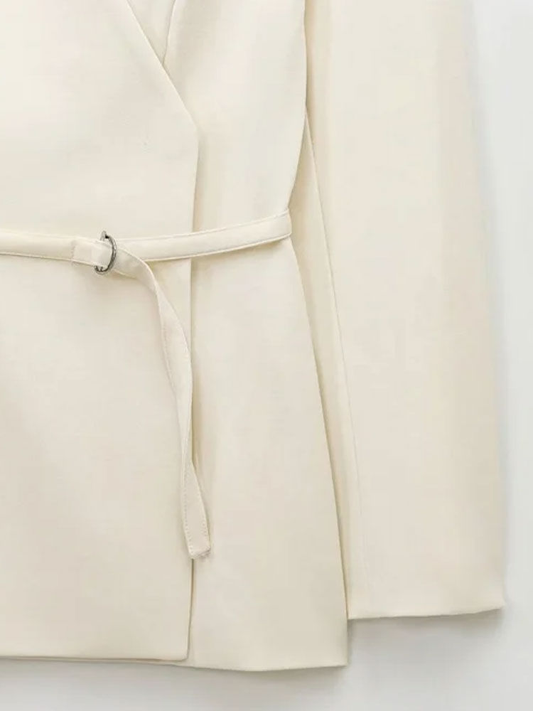 Thumbnail: Women's Chic V-Neck Blazer Coat with Belt Long Sleeve Snap-Button Fashion Outerw