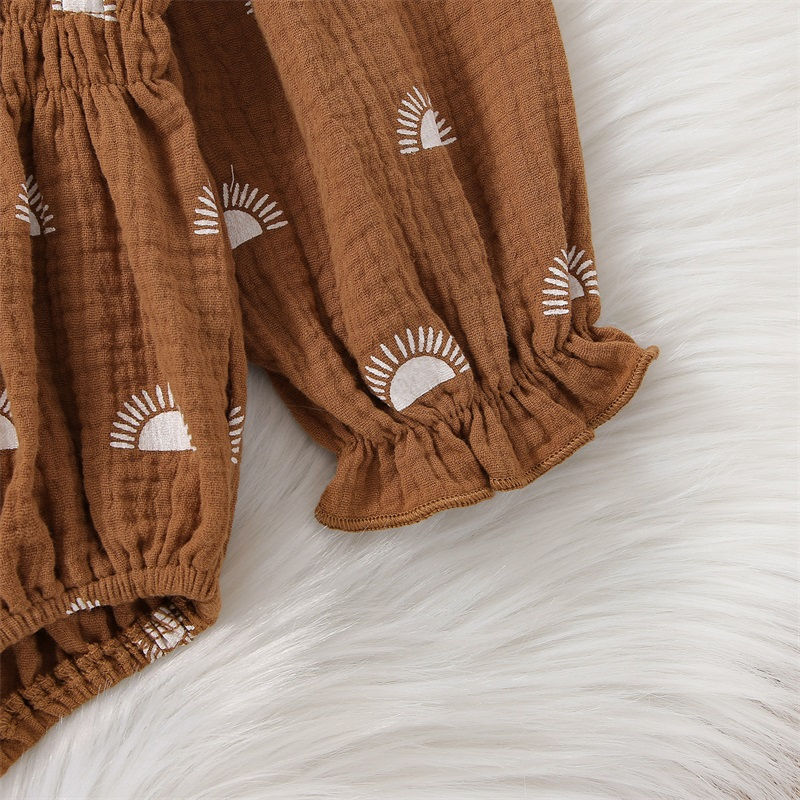 الصورة المصغرة: 2Pcs Baby Girl Fall Outfit Sun Print Ruffled Boat Neck Long Sleeve Romper Hairba