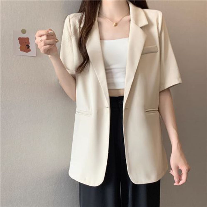 Thumbnail: White Short-sleeved Blazer Jacket Women Summer Chic Single Button Notched Collar