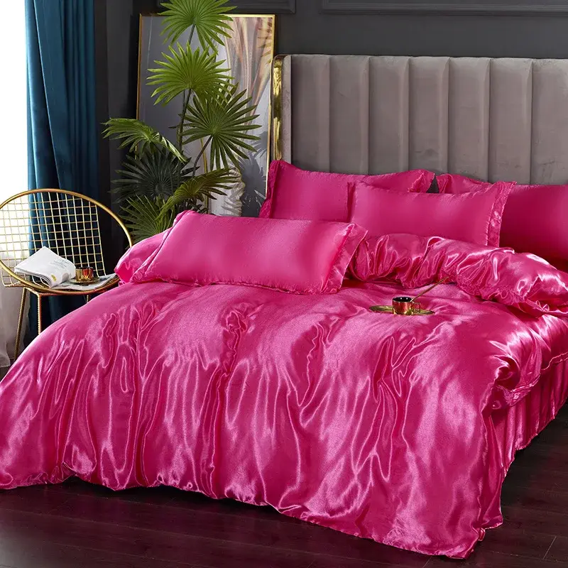 Thumbnail: Silk Bedding Set with Duvet Cover Bed Sheet Pillowcase Luxury Satin Bedsheet Sol