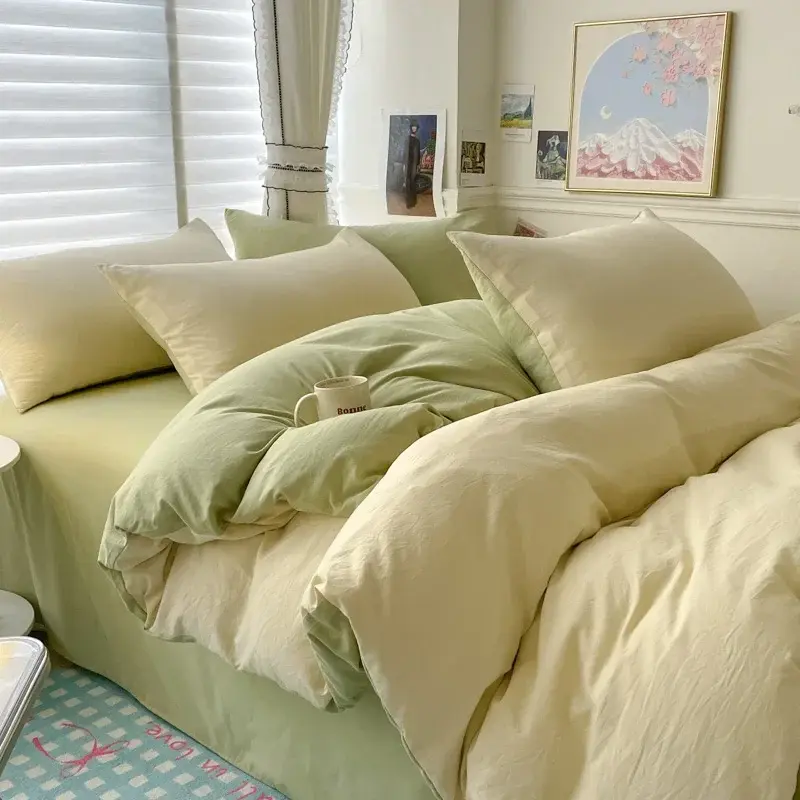Thumbnail: Cotton Bed Linen Solid Bedding Set with Sheet Duvet Cover Pillowcases Single Cou