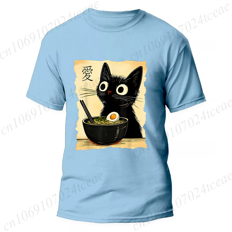 الصورة المصغرة: Funny Cat Ramen Graphic Tee Japanese Kawaii Anime Cat T-Shirt Fashion T-shirts S