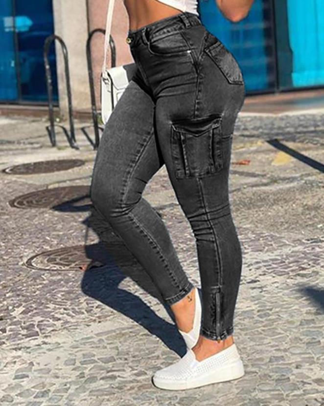 Women's Denim Pants 2025 Summer New Fashion Solid Color Buttoned Pocket Zipper D