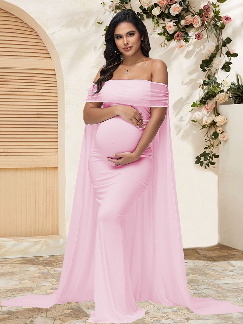 Thumbnail: Maternity Photography Props Dresses Mesh Off Shoulder Chiffon Shawl Summer Maxi 