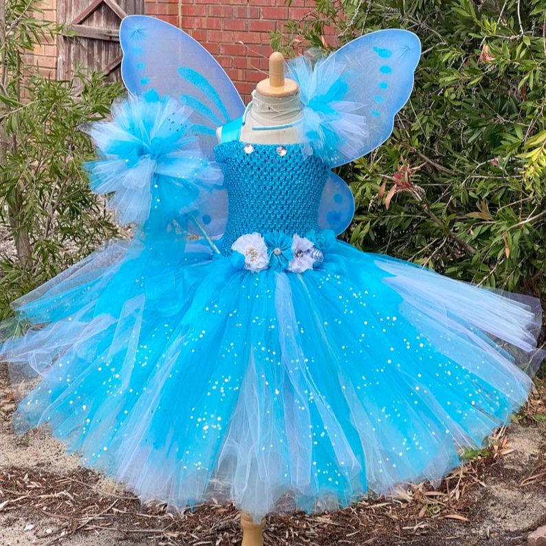 Girls Blue White Glitter Tutu Dress Kids Flower Fairy Dress with Butterfly Wing