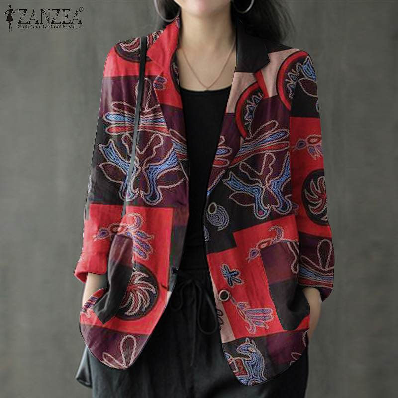 الصورة المصغرة: 2024 ZANZEA Autumn Vintage Long Sleeve Printed Coats Female Thin Tops Women Blaz