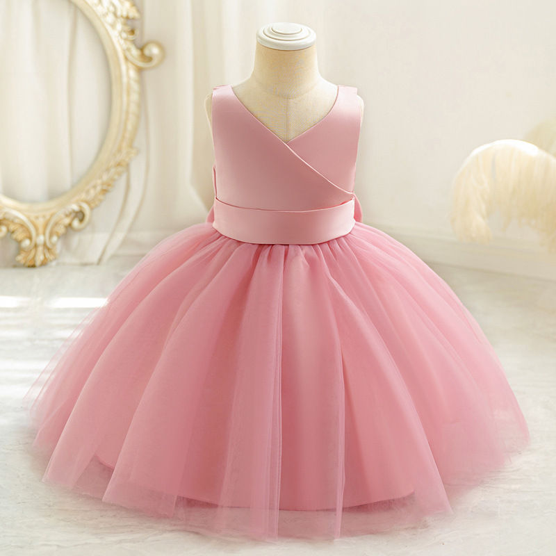 الصورة المصغرة: Spring and Summer Girls' New Solid Color V-Neck Big Bow Mesh Sweet and Cute Birt