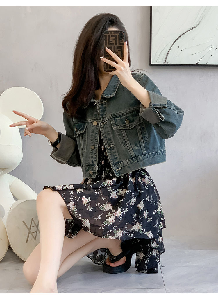 الصورة المصغرة: Loose Vintage Women's Denim Coat Crop Top With Pockets 2024 Sping Streetwear Ret