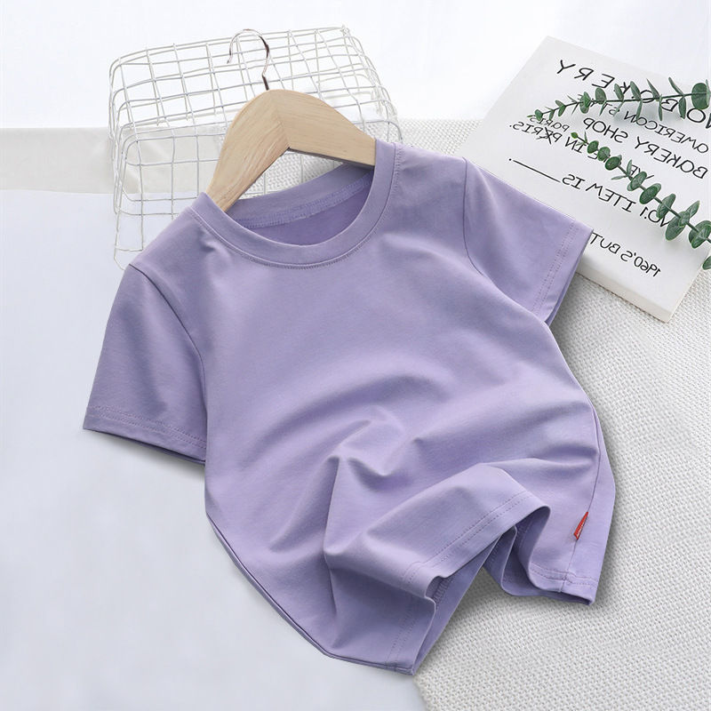 الصورة المصغرة: Summer Solid Color Children Cotton T-shirt for Boys Girls White Tops Tees Kids C