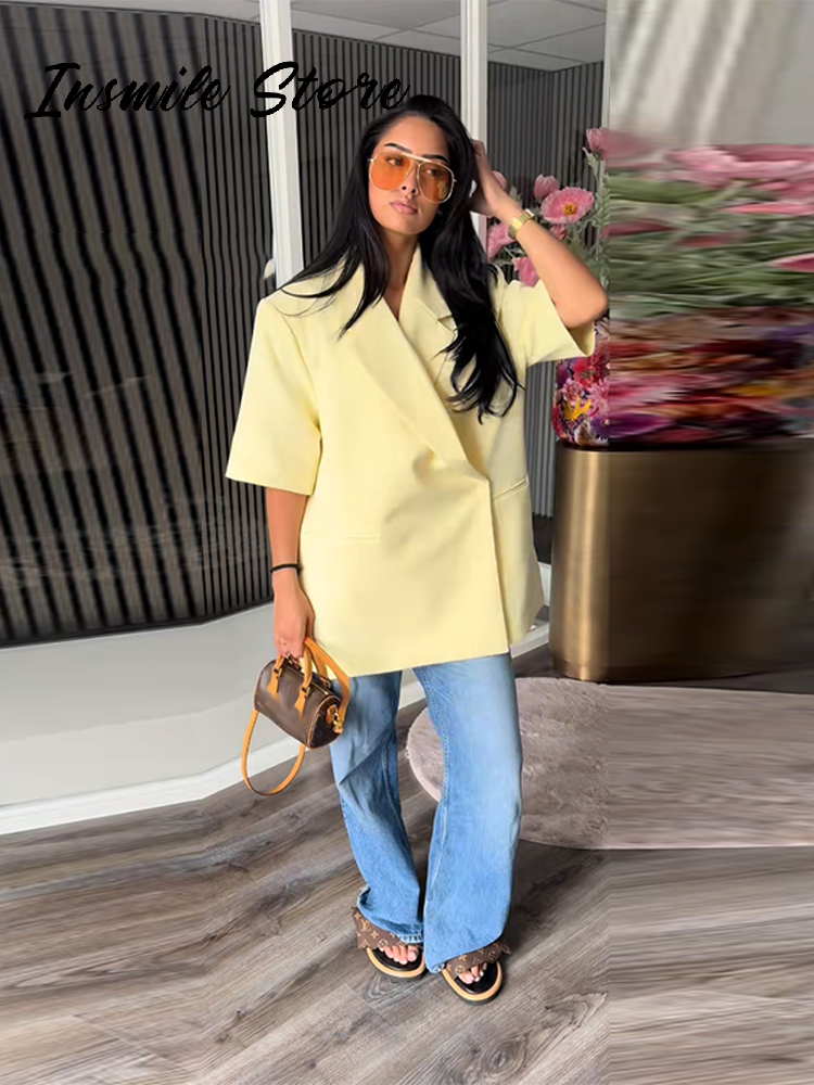 الصورة المصغرة: Casual One Button Blazers Women Loose Solid Lapel Half Sleeve Pockets Suit Jacke