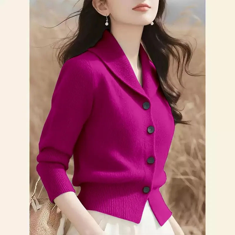 الصورة المصغرة: 2025 New Spring Autumn Turndown Collar High End Women Knitt Cardigan Sweater Fas