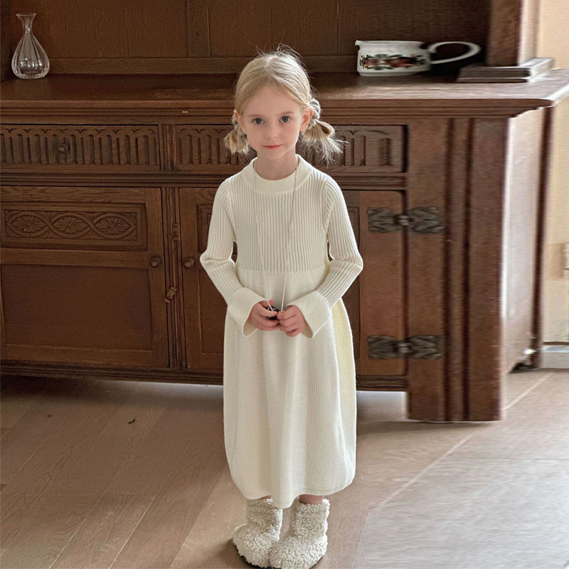 الصورة المصغرة: Girls Knitted Dress 2024 Autumn Winter New Children Gown Princess Solid Color Ve