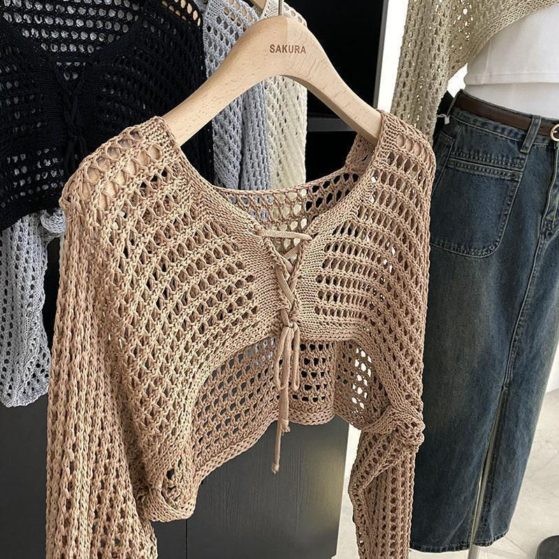 Thumbnail: Hollow Out Space-up Short Loose Knitted Solid Cardigan Women's 2024 Summer New K