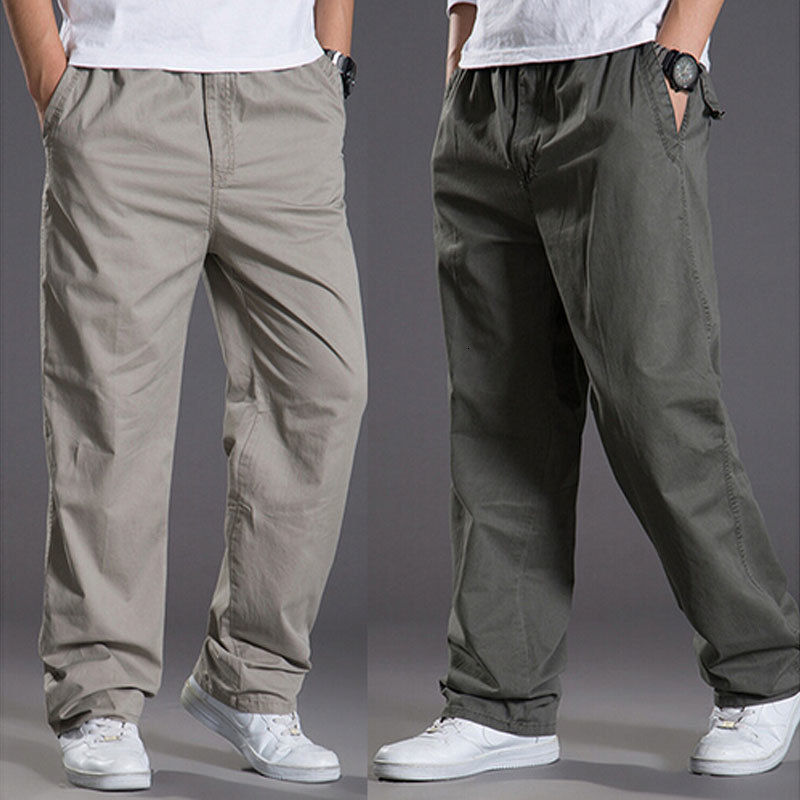 Mens casual Cargo Cotton pants men pocket loose Straight Pants Elastic Work Trou