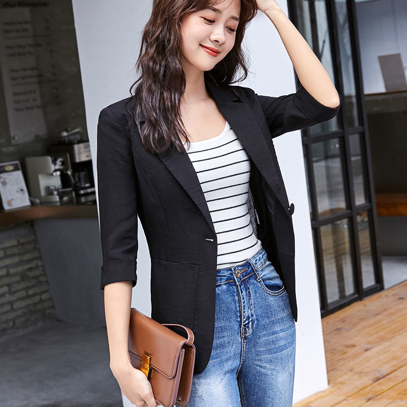 الصورة المصغرة: Women Cotton Linen Blazer 2024 New Summer Short Suit Jacket Korean Casual Summer