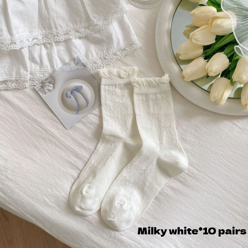 الصورة المصغرة: 10 Pairs of Women's Bow Print Mid-calf Socks For Summer thin Hollow Breathable B