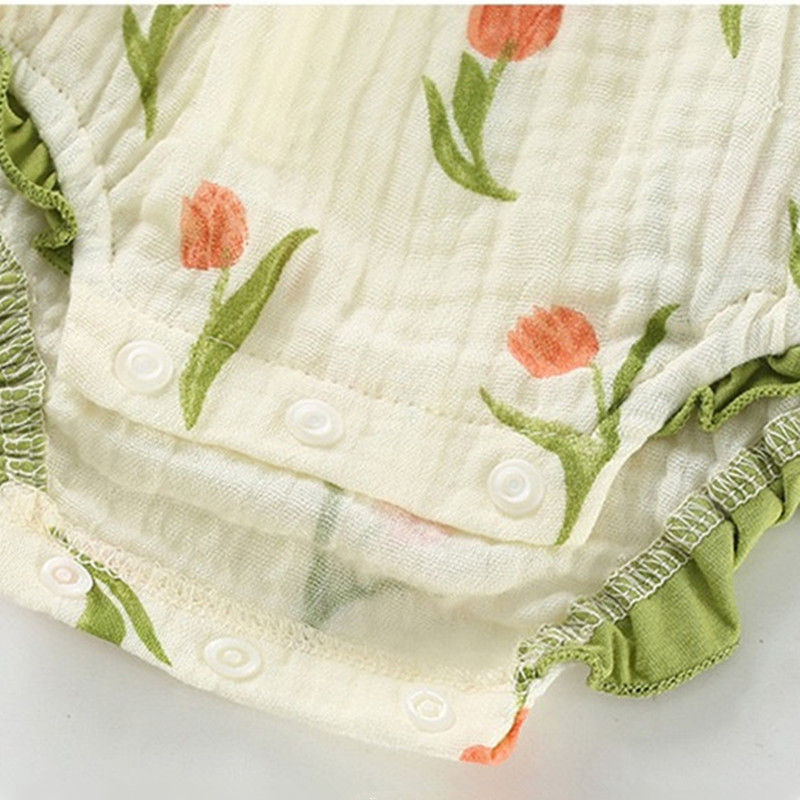 الصورة المصغرة: Baby Girls Summer Clothes Newborn Sling Floral Jumpsuit And Hat Infant Muslin Co