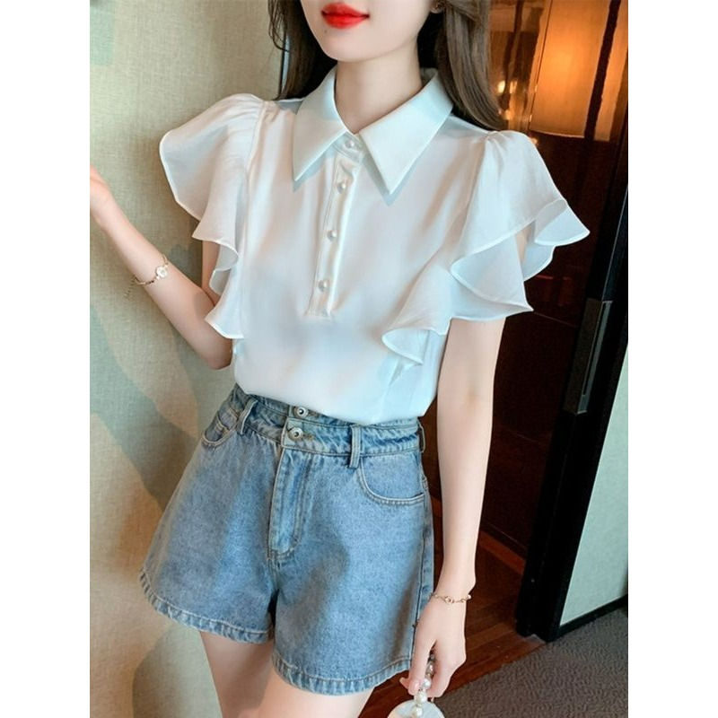 Ladies' chiffon shirt with ruffled short sleeves new summer style with flutter s