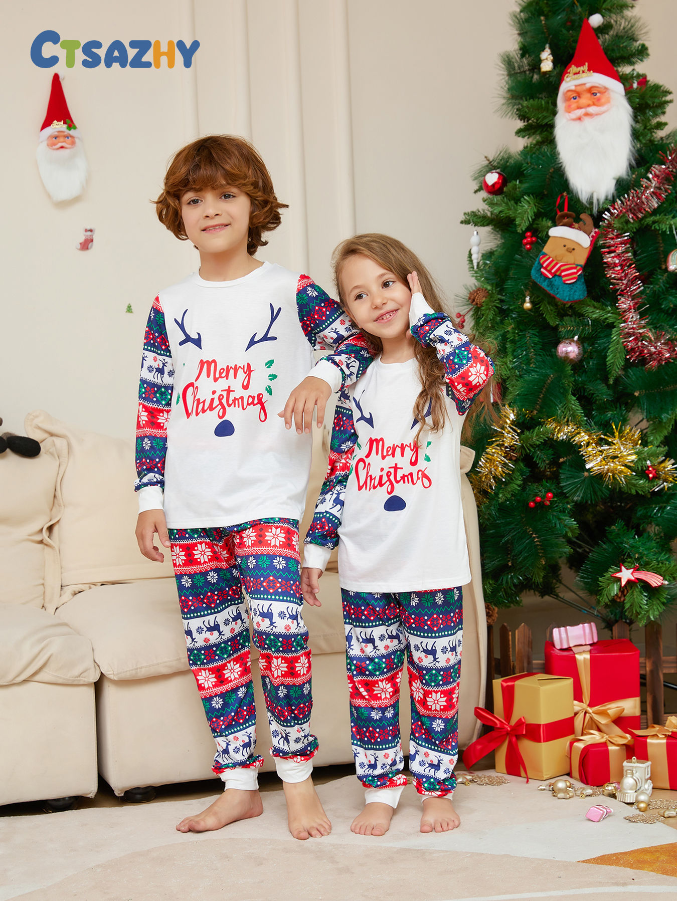 Kids Christmas Pajamas Set - Reindeer Antlers & “Merry Christmas” Print Top 