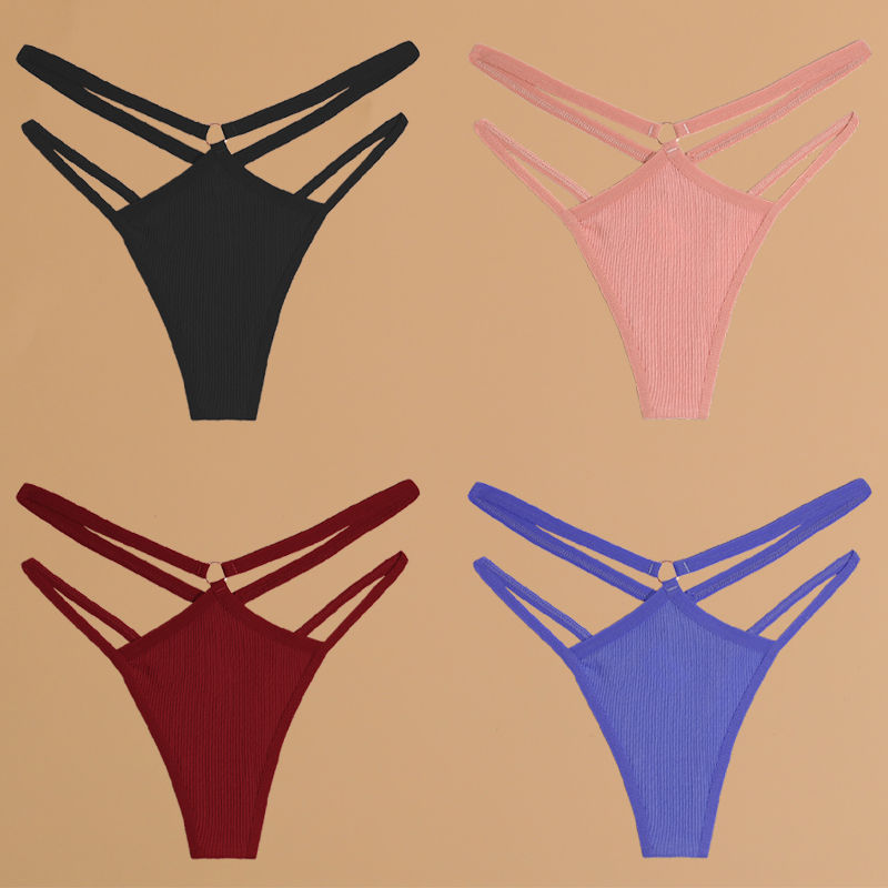 الصورة المصغرة: FINETOO 4Pcs Cotton Double Thin Belts Underwear for Women Sexy Low Waist Striped