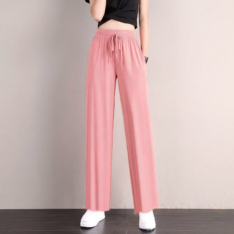 Thumbnail: 1pcs Summer Women Ice Silk Pant Female High Elastic Waist Drawstring Pocket Loos