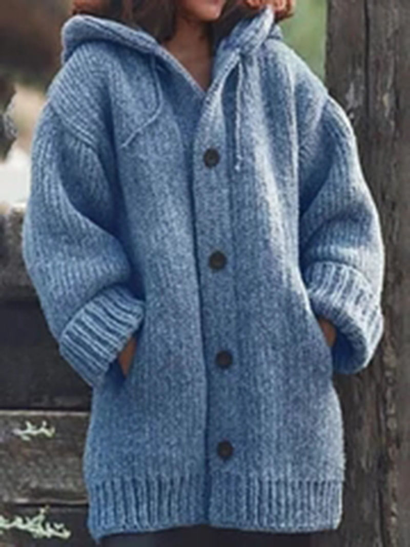 الصورة المصغرة: Solid Color Loose Mid-length Hooded Sweater Coat, Women's Autumn Winter Casual S