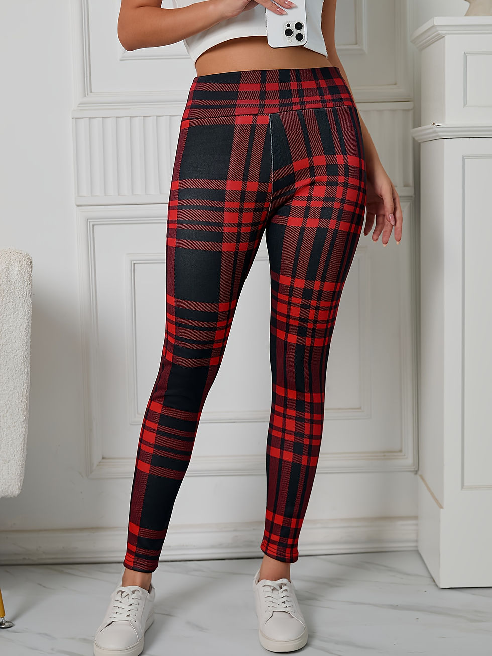 Thumbnail: Women's warm winter fleece pants with high waisted plaid sports leggings, plaid 