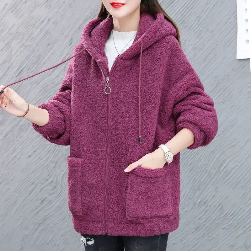 الصورة المصغرة: 2023 New Style Women's Fleece-Lined Thickened Hooded Long Sleeve Jacket Loose Fi