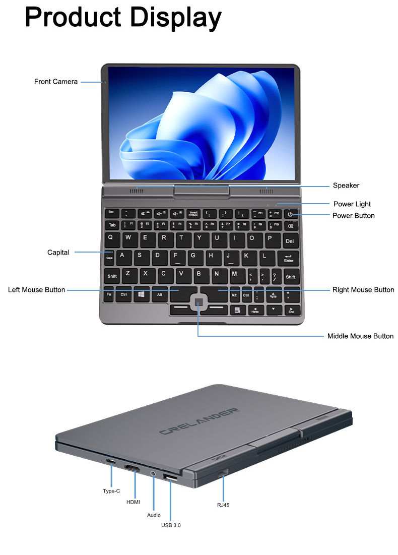 Thumbnail: CRELANDER P8 Mini Laptop 8 Inch Touch Screen Intel Lake N150 12GB DDR5 WiFi 6 2 